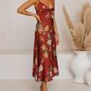 Fashionme Women Spaghetti Strap Midi Satin Dresses Tie Front Backless Split Hollow Dress (X-Large, Maroon)