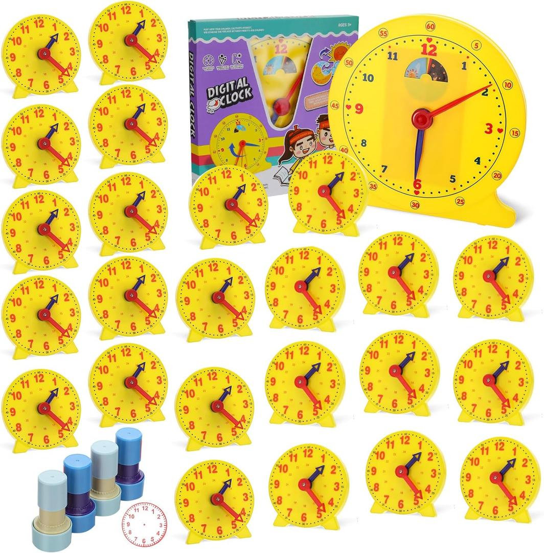 Lenwen 30 Pcs Classroom Clock Kit 24 Hours Learn to Tell Time Teaching Clock Toy for Kids Teaching Time Resources for Kids Learning Teacher Classroom Supplies