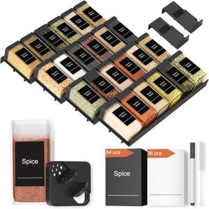 Famhap Spice Drawer Organizer 24 Pcs with 24 Plastic Spice Jars and LabelsInterlocking Expandable Seasoning Rack Tray Insert for Kitchen Drawers, Spice Rack Drawer (Black)