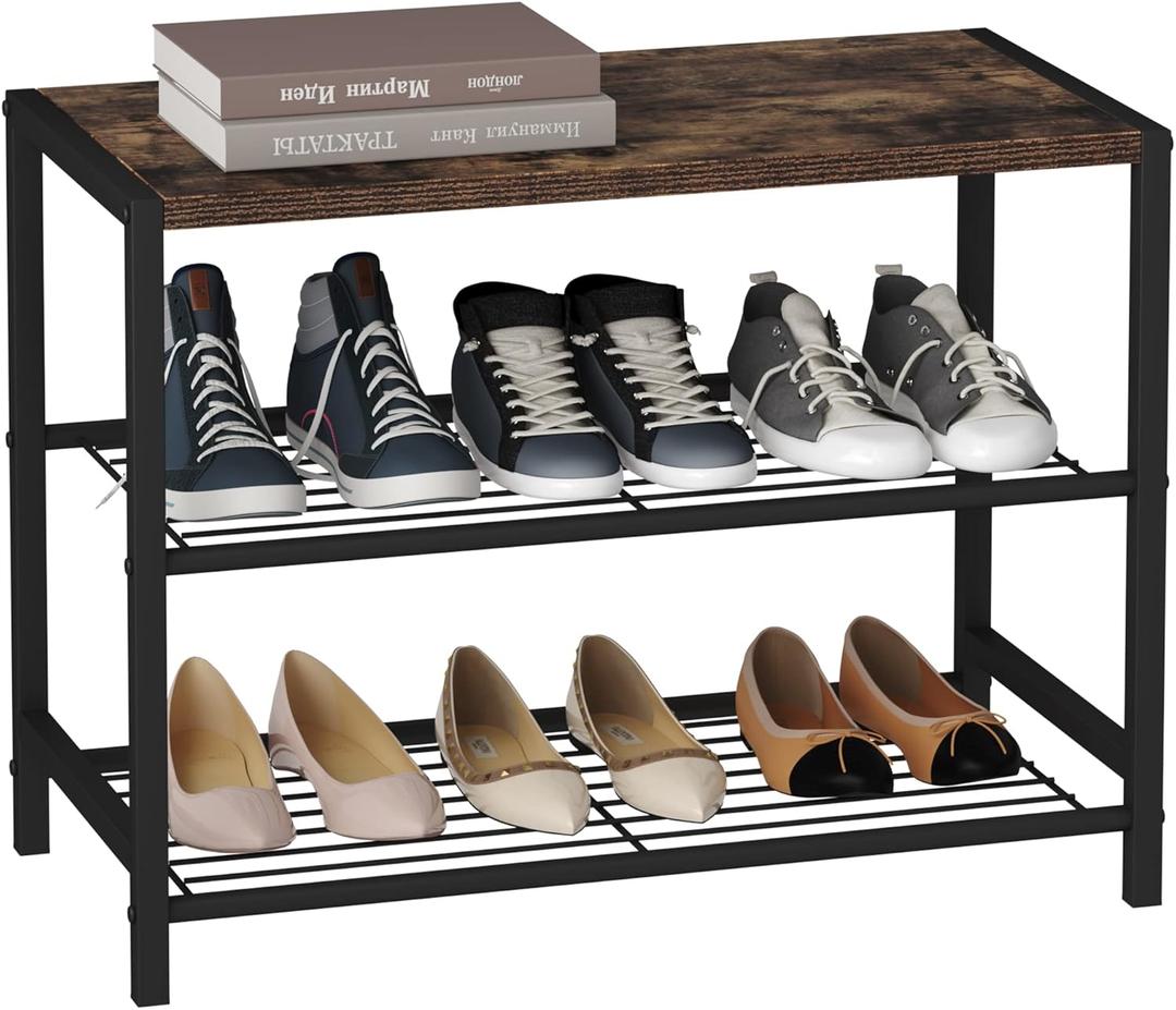 HOMEFORT 3-Tier Shoe Rack, Shoe Storage Shelf, Industrial Shoe Tower, Narrow Shoe Organizer for Closet Entryway, Small Shoe Rack Table with Durable Metal Shelves, Rustic Brown