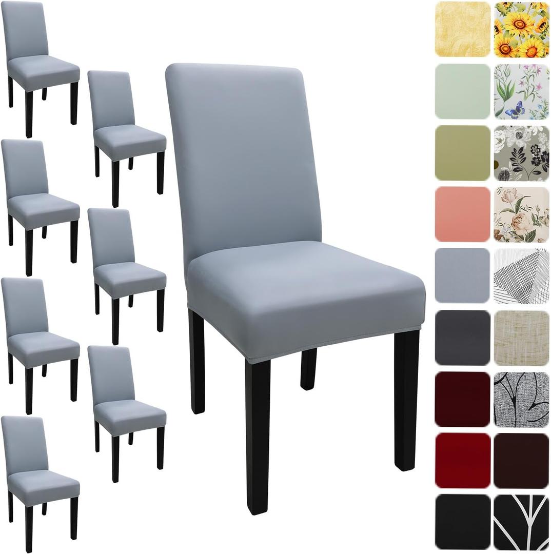 Dining Room Chair Covers Set of 8, Stretch Solid Color Parsons Chair Slipcovers Spandex Removable Washable Kitchen Chair Protector Cover for Dining Room, Hotel, Ceremony(Light Grey)