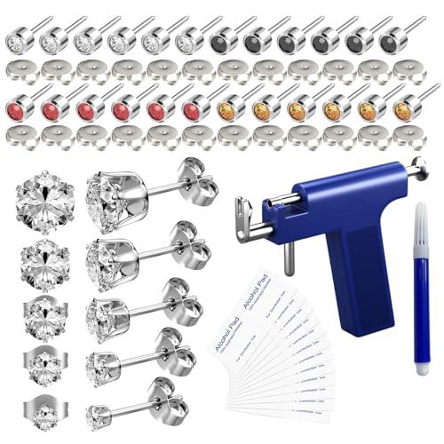 YINPAD Ear Piercing Gun, Reusable Professional Ear Piercing Kits, 24 Surgical Grade Anti-Sensitive Piercing Earrings, 10 Cubic Zirconia Fashion Earrings, 24 Alcohol Cotton Sheets (Silver)