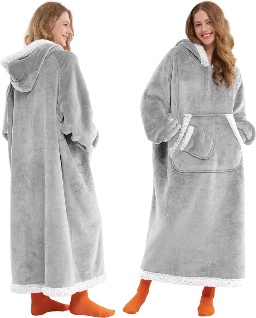 Giggling Getup Wearable Blanket Hoodie for Women Men Gifts for Women Mom Sherpa Fleece Long Hooded Blanket Sweatshirt Cozy Sherpa Wearable Throw with Pocket & Sleeves for Adult Oversize Grey