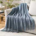 MIULEE Dusty Blue Cozy Knitted Throw Blanket for Couch Textured Knit Blanket with Tassels Woven Acrylic Wave Pattern Boho Blankets for Sofa Bed Chair 50"x60"
