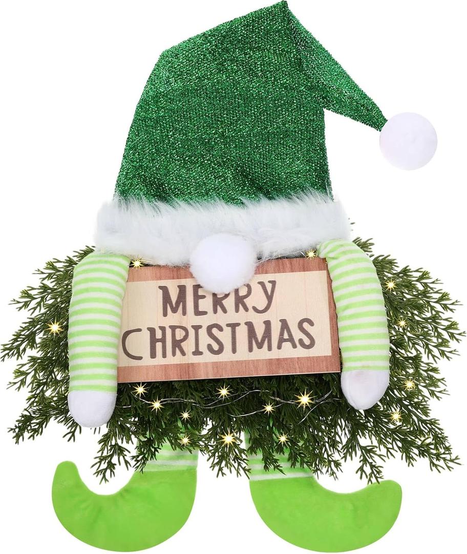 Knitgrip Christmas Lighted Wreath Gnome Xmas Gnome Door Wreath Artificial Santa Xmas Hanging Sign for Door Window Wall Decorations Farmhouse Christmas Home Decor(Green)