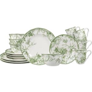 222 Fifth Adelaide Moss 16-Piece Porcelain Dinnerware Set  Service for 4, Plates, Bowls & Mugs, Hand-Applied Decal, Microwave & Dishwasher Safe, for Everyday Dining & Entertainment
