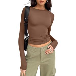 Trendy Queen Womens Long Sleeve Shirts Basic Tees Crop Tops Going Out Spring 2025 Workout Outfits Y2k Clothes (Medium, Brown)