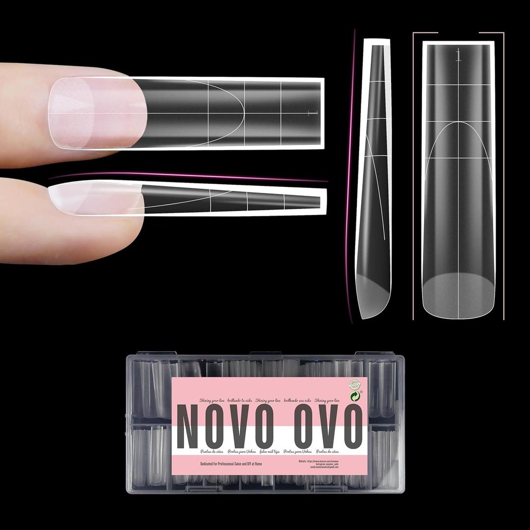 NOVO OVO XXL Sharp Square Natural (not Sculpted) Nail Tip, Extra Thick False Nails Press on, Full Cover Soft Gel Extension Fake Nail Acrylic kit with XL L M French Tip Auxiliary Line x 15 Size 180pcs