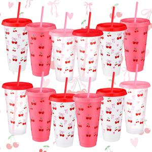 Skylety 12 Pcs Pink Bow Cherry Plastic Tumbler with Lids and Straws 24 oz Reusable Coquette Bow Plastic Tumbler Ice Drinking Cold Cup for Birthday Bridal Shower Wedding Party Supplies (Multicolor)