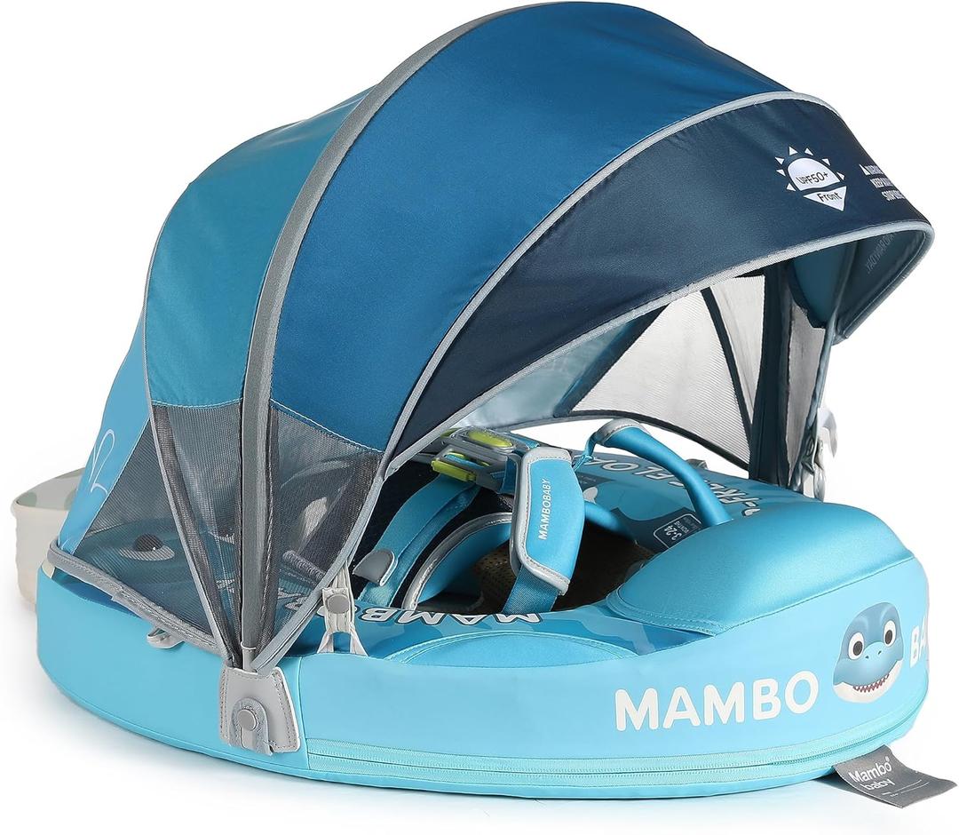 Mambobaby Float Upgrade Add Tail Baby Float with Canopy for Infant Waist Swimming Ring Swim Trainer Non-Inflatable Floats Toys with Adjustable Safety Strap (Blue - Dinosaur)