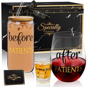 Before After Because Patients Gift Set 16 Oz Can Glass 18 oz Stemless Wine Glass and 2 oz Shot Cup Funny Gifts for Dentist Doctors Nurses Day Graduation (Black)