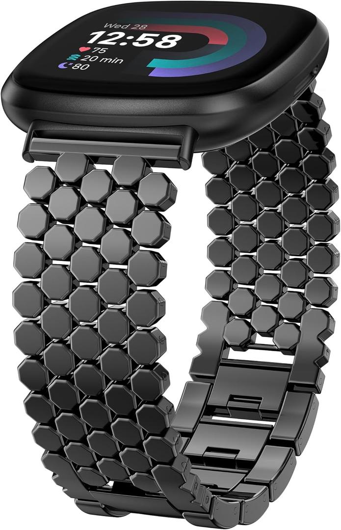 Minyee Metal Bands Compatible with Fitbit Sense 2/Versa 4/Versa 3/Sense Bands Women, Dressy Stainless Steel Chain Honeycomb Designer Luxury Chic Link Bracelet Wristband Replacement Strap for Versa 4 (Black)