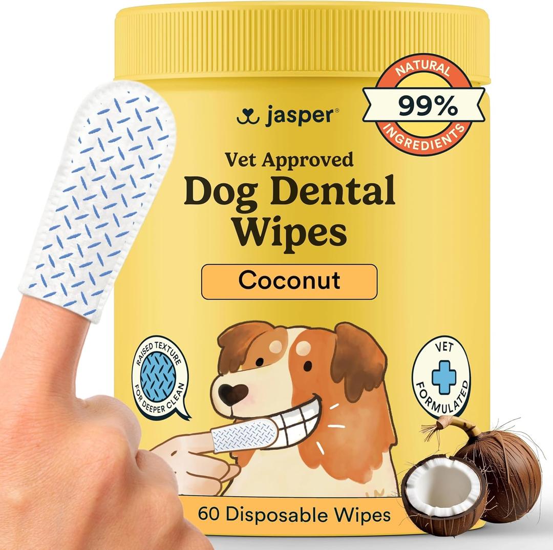 Jasper Dog Dental Wipes, Vet-Recommended All-Natural Finger Toothbrush Wipes for Dogs, Fresh Breath & Tartar Control in Seconds No Brush and Toothpaste Needed, Coconut, 60 Count