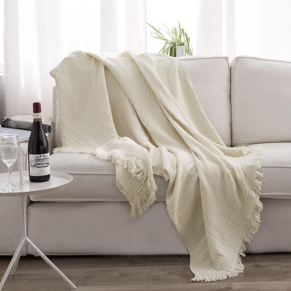 Simple&Opulence Cotton Muslin Throw Blanket for Bed, Couch, Knit Woven Gauze Blanket with Tassels, Soft Lightweight Cozy Pre-Washed Breathable Farmhouse Decoration for All-Season (Cream)
