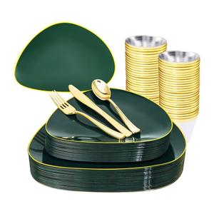 DaYammi 180Pcs Green Plastic Plates, Green Gold Disposable Plates with Gold Silverware Dinnerware Set Include: 30 Dinner Plate,30 Dessert Plate,90 Plastic Cutlery,30 Cups for St. Patrick's Day Party