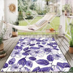 Unique Elegant Romantic Purple Florals Outdoor Art Deco Rugs for Patio Balcony Waterproof Non Slip Soft Thin Rug Foldable Machine Washable Quick Dry Garden Camping Porch Pool Outside Carpet 5x8