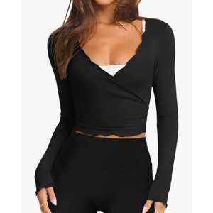 LASLULU Womens Tie Front Wrap Tops Long Sleeve Bolero Shrugs Crop Cardigan Yoga Ballet Cover up Tops Pilates Outfits Size XL