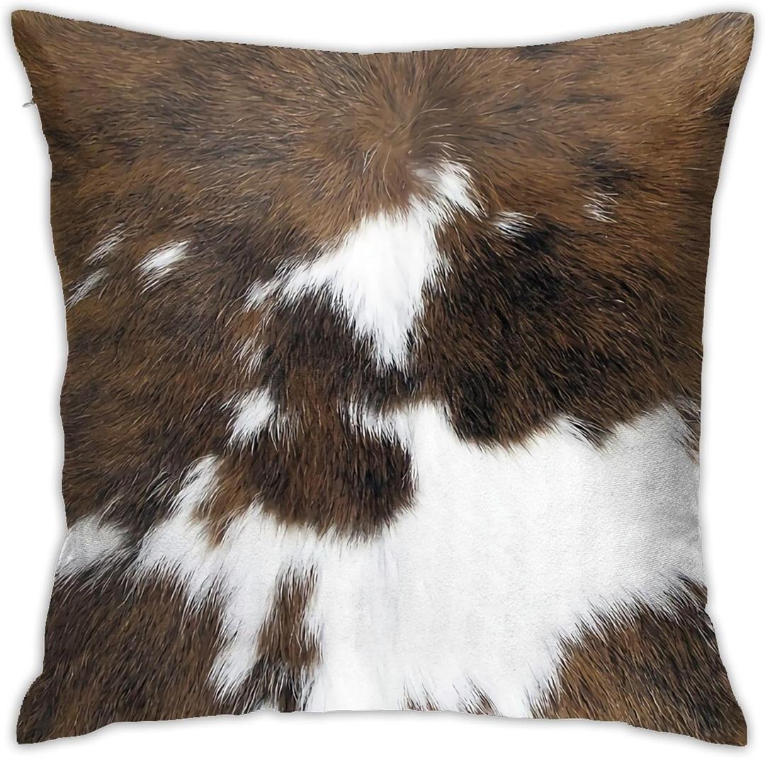 Cow Hide Print Throw Pillows Cover 18x18 Inch Brown Cowhide Faux Fur Pillow Covers Soft Farm Animal Skin Pillowcase Decorative Cusion Cover for Home Couch Bed Sofa Decor (Cowhide Funny Drawing)