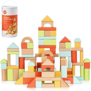 Pidoko Kids 100pcs Building Blocks for Toddlers 1-3, Wooden Blocks for Kids with Storage Bucket and Shape Sorter Lid Montessori Toys for 1 2 3 Year Old, Learning Toys for Preschool Girls and Boys