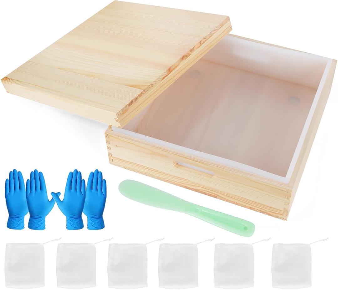 Large Soap Molds, Soap Mold, Square Soaps Mold, Soaps Mold for Soap Making Capacity of 8L, Soaps Molds Silicone with Wood Box and Wooden Cover with Accessories