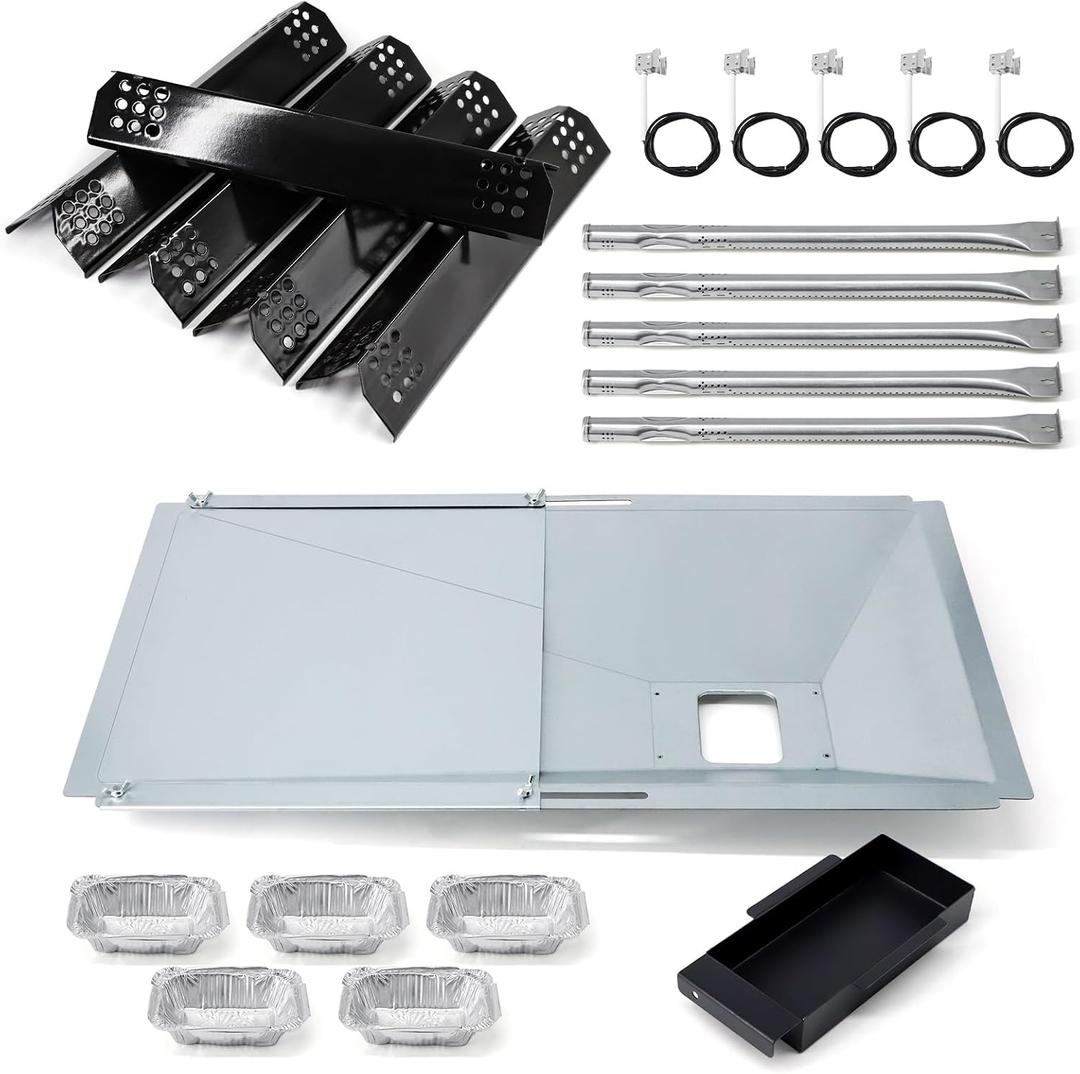 Replacement Parts for Nexgrill 720-0882A 720-0925P 720-0925 720-0896 720-0896B 720-0896E, Grease Tray, 5 Pack Burner Tubes & Ignitors & Flame Tamers for Nexgrill 5 Burner 720-0882A Gas Grill