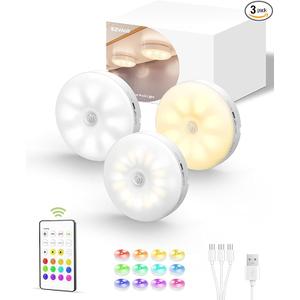 EZVALO Under Cabinet Lights, 2 Color Temps Motion Sensor Puck Lights, 1200mAh Rechargeable Puck Lights, Group Control LED Closet Lihgts, Dimmable Under Counter Lights for Kitchen, Cabinet (3 Pack)