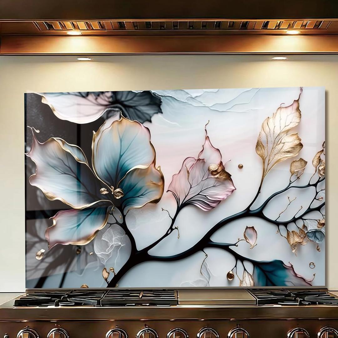 LMSDYSHU Tempered Glass Backsplash for Kitchen, Colorful Leaves, Frameless, Stove Backsplash Protector for Wall,Easy to Clean, Home Decor (30"x20")