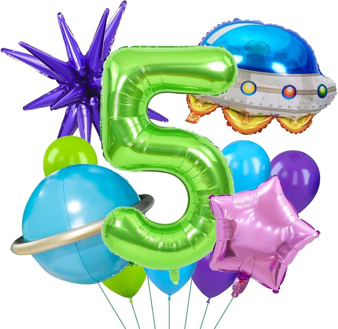 Space Themed Birthday Decorations, Green Number 5 Balloons, Purple Star and Blue Space Ship Balloon for Party Decoration (Green 5)