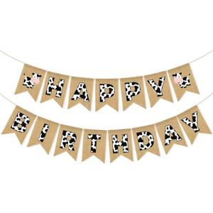 Cow Print Happy Birthday Banner, Burlap Pre-strung Cow Birthday Party Decorations Supplies