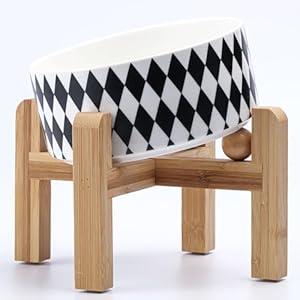 Petygooing Raised/ Elevated 15°Slanted Ceramic Dog Bowl for Small Breeds, Tilted Anti Slip Pet Bowl, Food Water Dish with Stand for Cats and Small Dogs Puppy 13.5 OZ (5.1In / 1.7 Cups) Black Rhombus