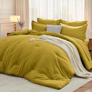 MUXHOMO 7 Pieces Full Comforter Set, Soft Bed in a Bag Full Size, All Season Bedding Set with Comforter, Flat Sheet, Fitted Sheet, Pillowcases & Shams, Mustard Yellow (Full(82"x86"))