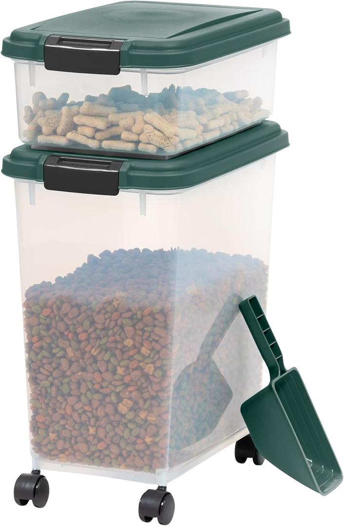 IRIS USA Remington Dog Food Storage Container, 30 lbs, 11 lbs, Airtight, Stackable, Wheels, Food Storage, Treat Box, 2-Cup Scoop