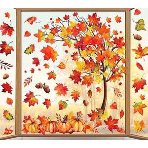 Whaline 9 Sheets Fall Maple Leaves Window Clings Thanksgiving Watercolor Maple Tree Orange-Brown Leaves Pumpkins Decals Double-Sided Glass Window Stickers for Autumn Harvest Home School Party Supplies 2 Pack