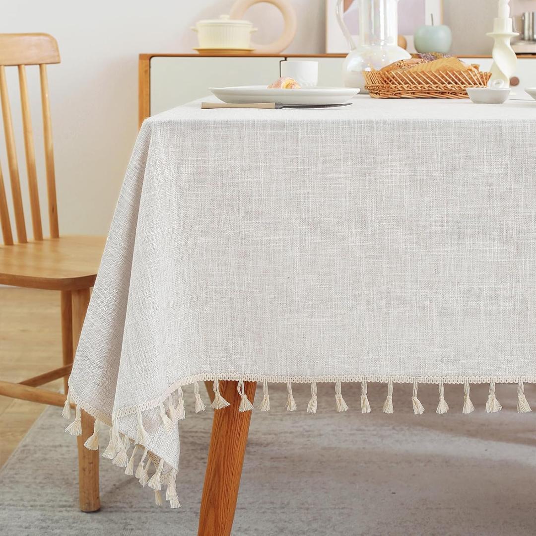Laolitou Textured Table Cloth for Rectangle Table, Heavy Duty Farmhouse Tablecloth Solid Cotton Linen Waterproof Wrinkle Free Burlap Tables Cover for Kitchen Dining,Party, Ivory 55''x90'',6-8 Seats