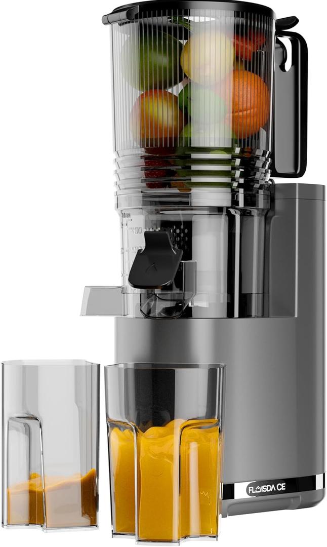 Cold Press Juicer, 5.4" Wide Feed Chute Juicers with 350w Power Motor, Slow Masticating Juicer Machine with High Juice Yield for Whole Vegetables & Fruits, Easy to Clean, Black Gray