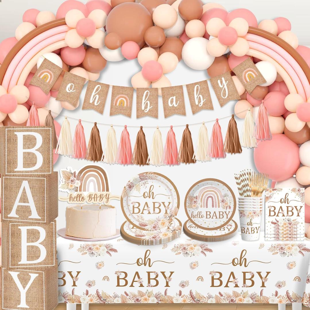 cocomigo Boho Baby Shower Decorations for Girl: Boho Rainbow Banner, Balloons, Plates, Napkins, Tablecloth & More - Serving 20 Guests