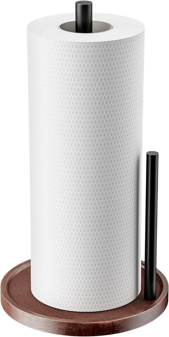 Wooden Paper Towel Holder Countertop - Kitchen Paper Towel Holder Stainless Steel with Real Wood Base, Farmhouse Paper Towel Roll Dispenser Fits Standard and Jumbo Size Paper Towels.