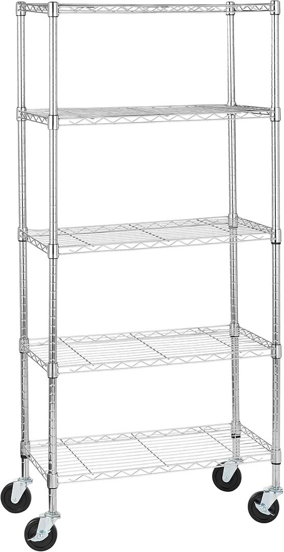 Amazon Basics 5-Shelf Adjustable, Heavy Duty Storage Shelving Unit on 4" Wheel Casters, Easy to Move Portable Wire Shelving, No Tools Needed for Easy Assembly, 30" x 14" x 64.8", Chrome, 30" L X 14" W X 64.75" H