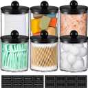 6 Pack Acrylic Qtip Holder Dispenser for Cotton Swabs, Balls, Pads, Floss - Plastic Canister Apothecary Jar Set, Bathroom Essentials Accessories Decor Vanity Makeup Storage Organizer - Clear & Black