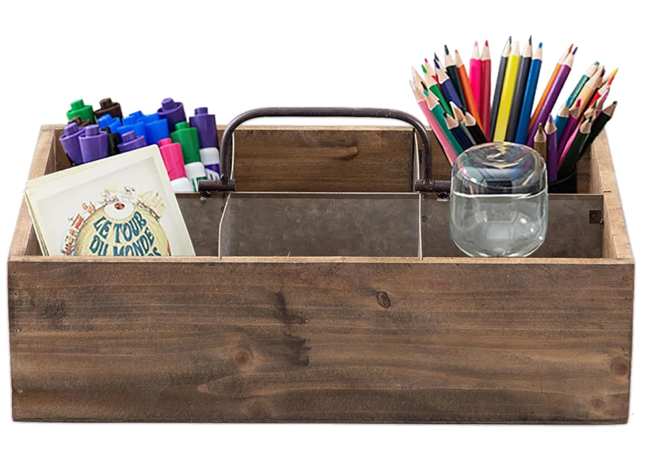 Sintosin Farmhouse Wooden Crates for Decor 15 X 10 inches, Distressed Wood and Galvanized Storage Crates for Crafts, Rustic Wooden Baskets for Gifts, Wood Crates for Display, 6 Individual Slots