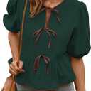 Falechay Womens Summer Tops Bowknot Puff Short Sleeve Blouses Dressy Casual Cute Babydoll Flowy Peplum Shirt for Women (Green, XL)