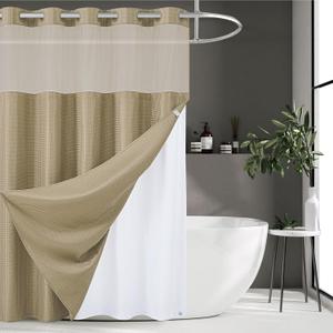Furlinic Waffle Weave No Hook Shower Curtain with Snap in Liner,Honeycomb Textured Bathroom Curtains with See Through Top Window,Waterproof & Machine Washable,Hotel Quality,Beige,71x84 Inch
