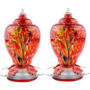 2 Pack Unique Hand Blown Glass Hummingbird Feeders for Outdoors Hanging Patio Garden Decorations Hummingbird Feeder with Ant Moat Hook Brush and Service Card (Blue and Fire)