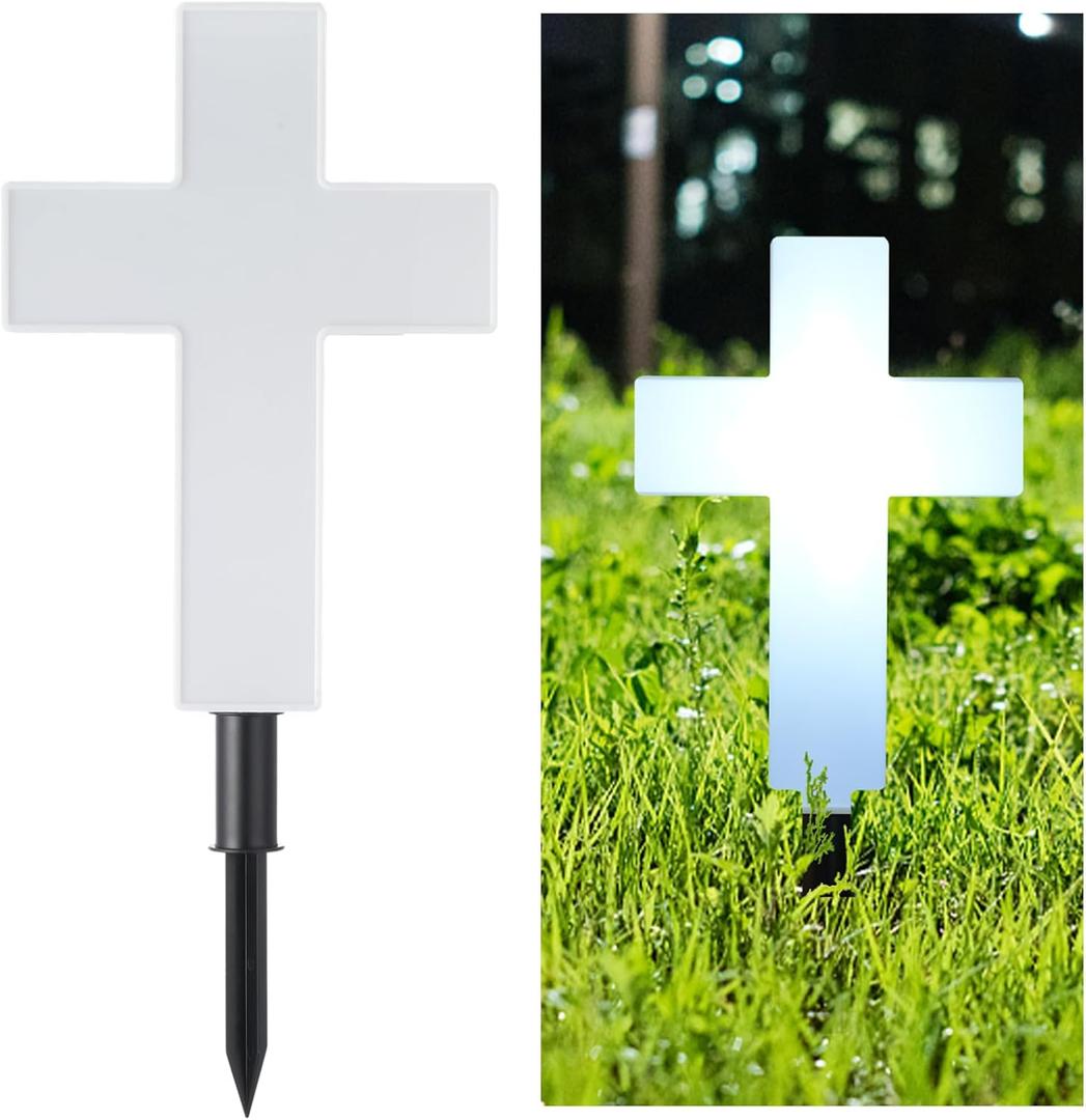 yeesport Solar-Powered Cross Light, Grave Marker Cemetery Decoration, Cemetery Cross for Grave,White LED Light Cross, Garden Stake Light, Outdoor Peaceful Decorative Lamp for Yards, Gardens, Patios