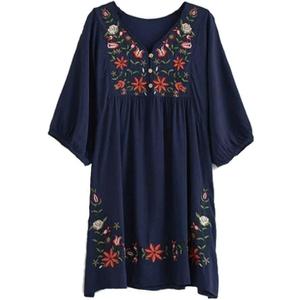 Kafeimali Summer Dress V Neck Mexican Embroidered Peasant Women's Dressy Tops Blouses One Size, Navy Blue