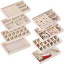 Set of 8 Stackable Jewelry Organizer Stackable Trays,Jewelry Drawer Inserts Container Display Case Storage for Earring Necklace Rings Bracelet Watch with Removable Dividers-Beige