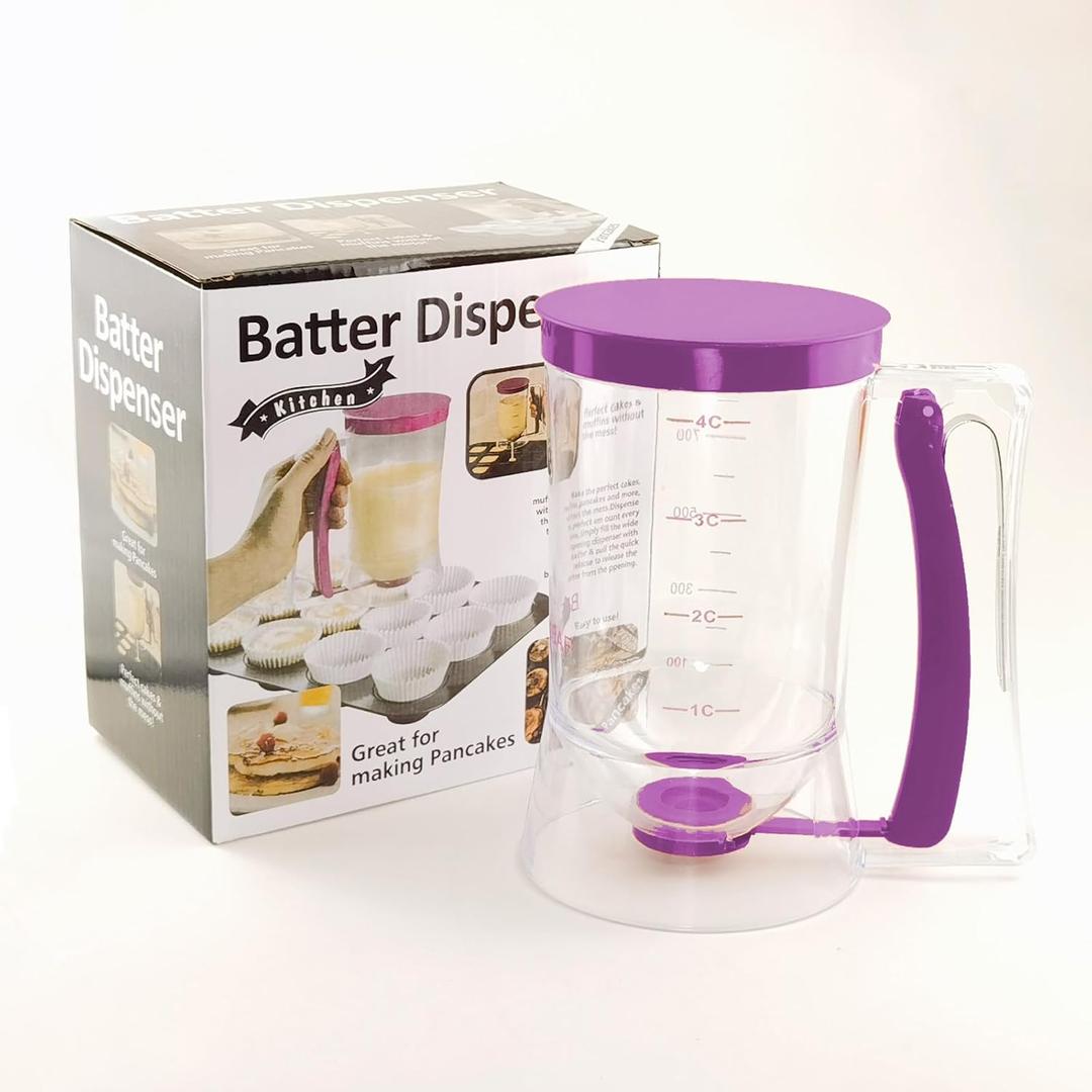 Pancake Batter Dispenser with Squeeze Handle - 4-Cup Measuring Dispenser for Pancakes, Waffles, Muffins, and Crepes - BPA-Free Pourer with Easy Clean Design - Professional Baking Tools, Purple