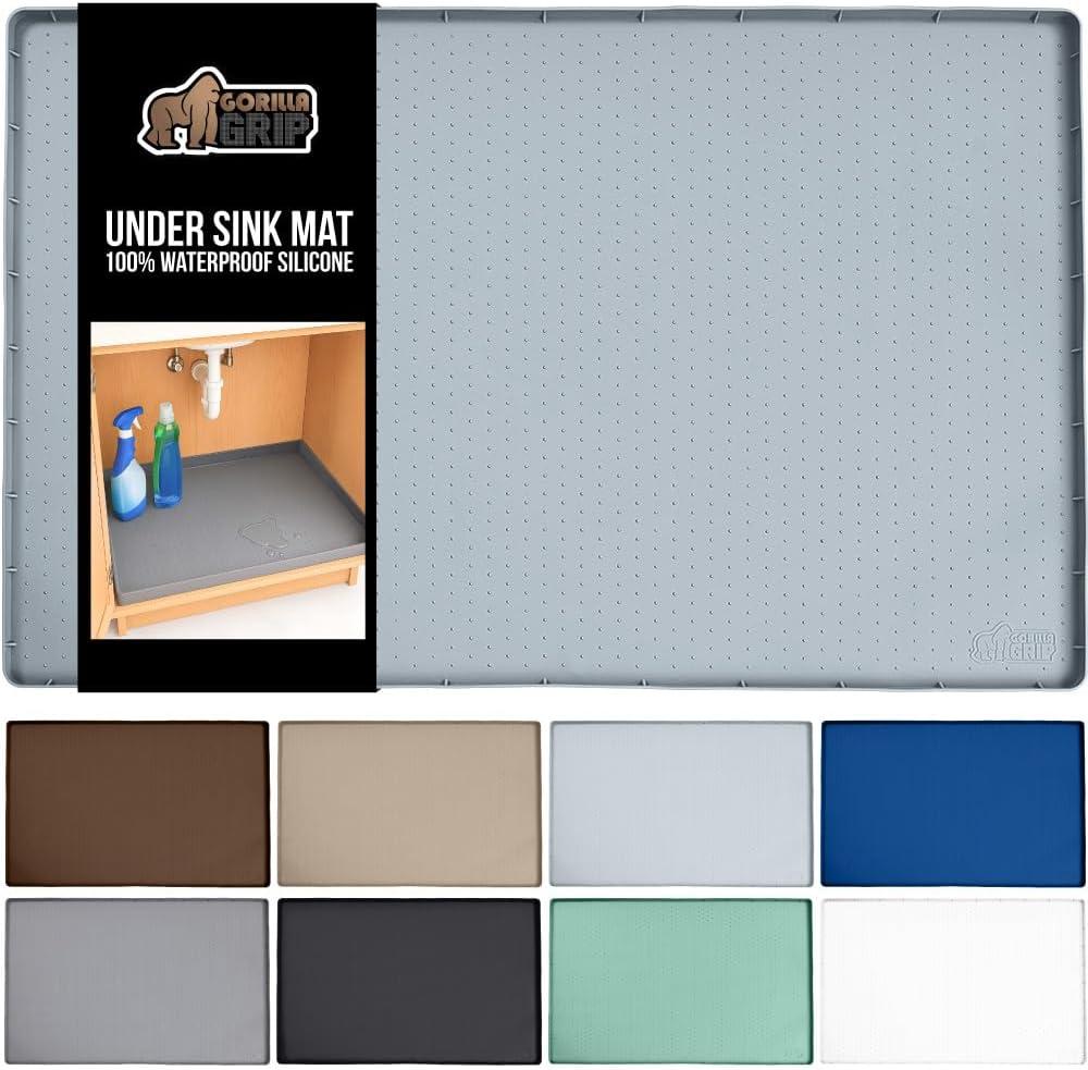 GORILLA GRIP Waterproof Silicone Under Sink Mat with Raised Lip for Kitchen and Bathroom, 46 x 22 in, Cabinet Shelf Liner Stay in Place Mats Dishwasher Safe Drawer Liner, Organizer Tray, Light Grey