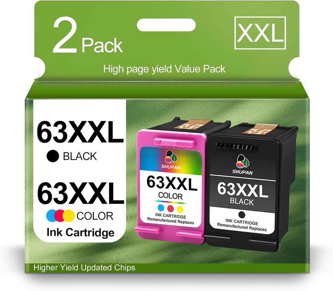 SHUPAN 63XXL Ink Cartridge Black and Color Compatible for HP Ink 63 63 XL Combo Pack Works with OfficeJet 3830 4630 4650 4655 5252 5255 5258 Envy 4520 4512 DeskJet 1112 2130 Printers (2 Packs)