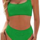 Blooming Jelly Womens High Waisted Bikini Set Tie Strap Jacquard Terry Cloth 2 Piece Swimsuit Modest Cute Retro Bathing Suit Size L